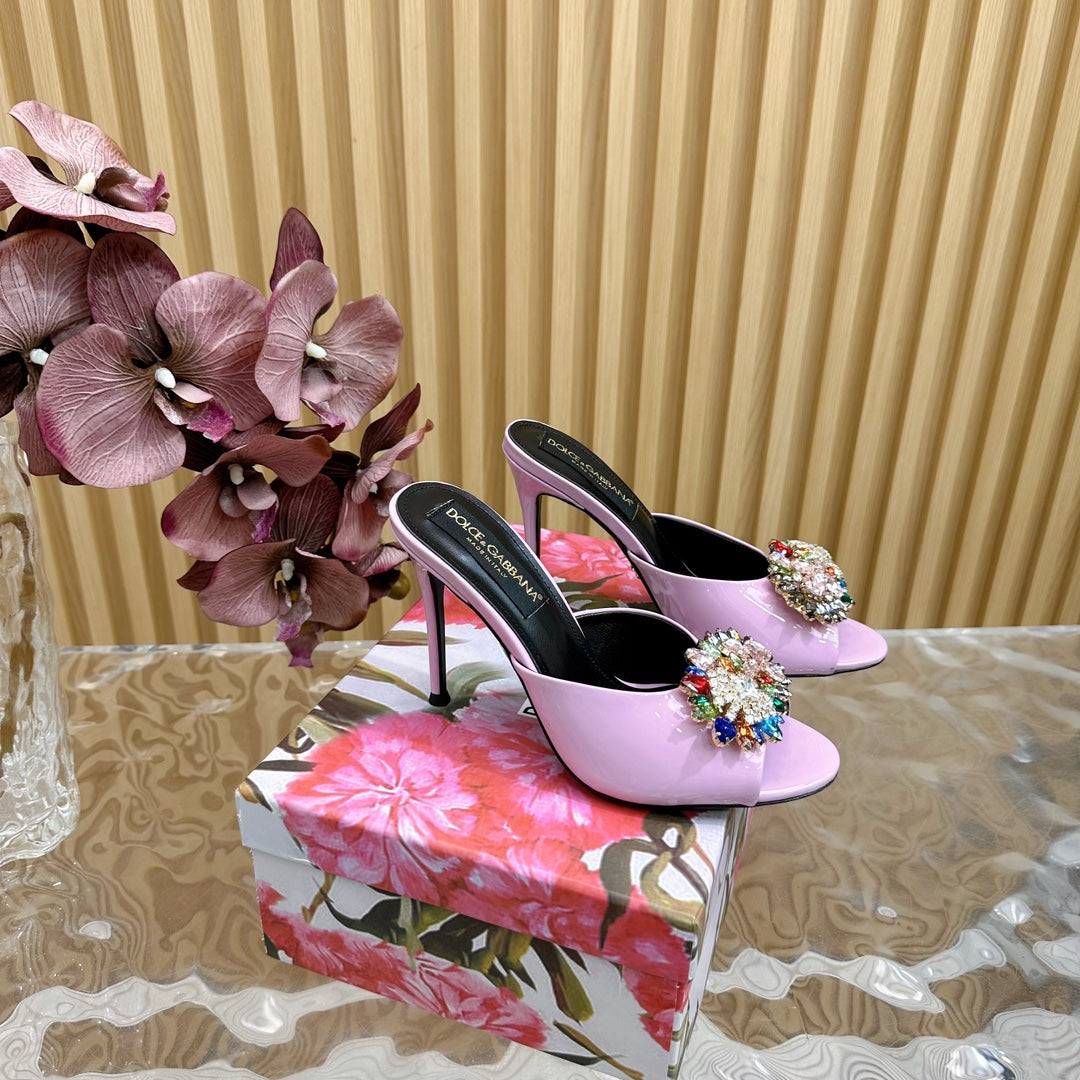 Dc Rhinestone Buckle Mules Pink Silk & Sheepskin 926028