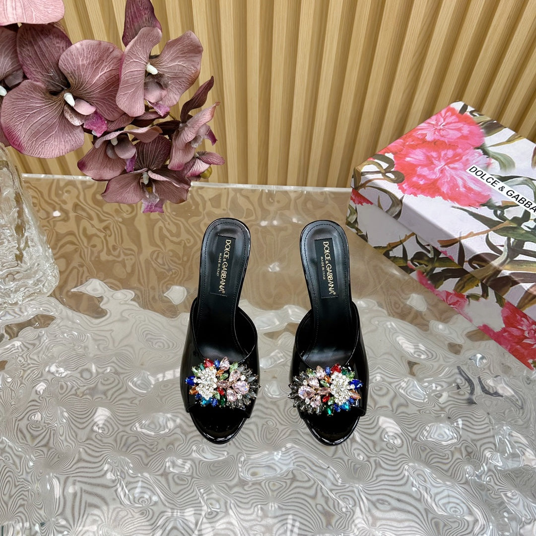 Dc Rhinestone Buckle Mules Black Silk & Sheepskin 926030