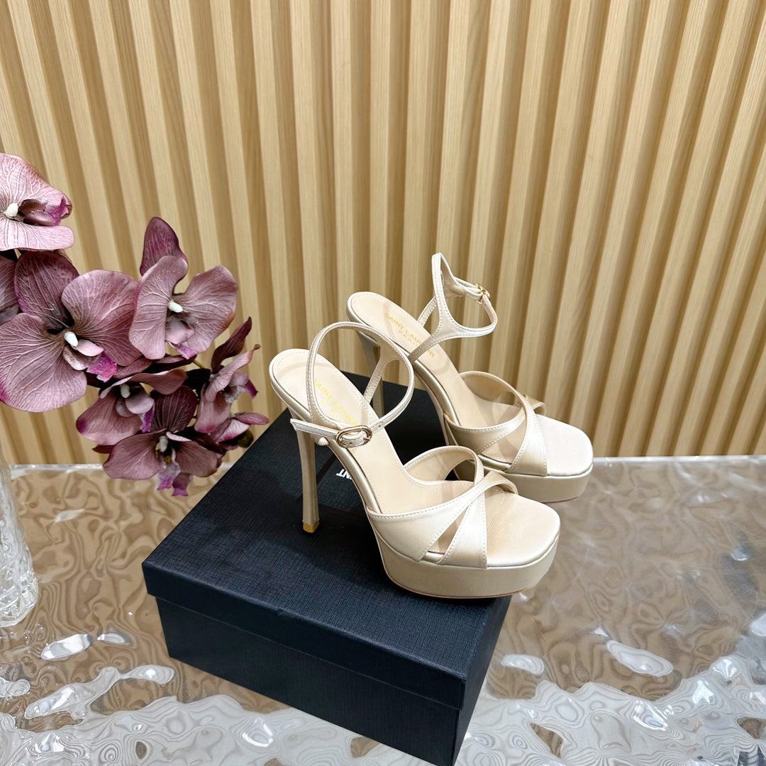 Debbie Platform Sandals In Ivory Beige Silk