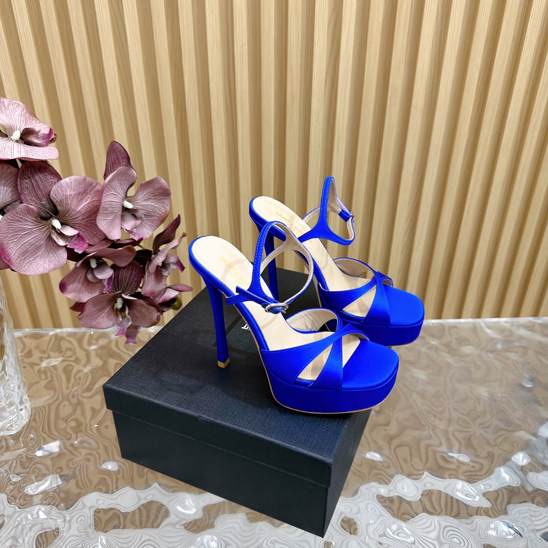 Debbie Platform Sandals In Admiral Blue Silk