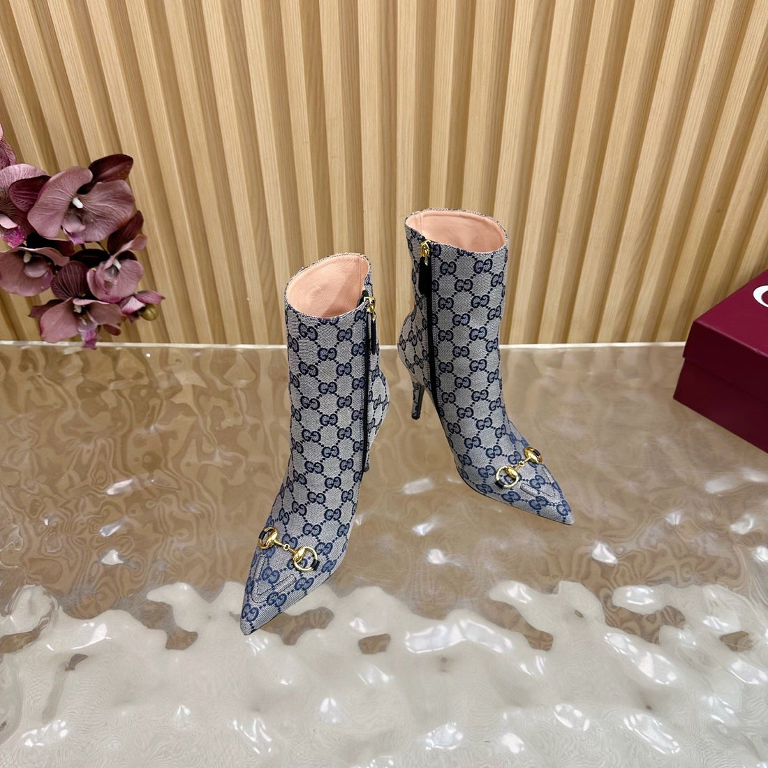 Gucci 2025 Thick-Heeled Square-Toed Ankle Boots Blue Sheepskin Fabric 498065