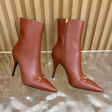 Gucci 2025 Thick-Heeled Square-Toed Ankle Boots Brown Sheepskin 498070