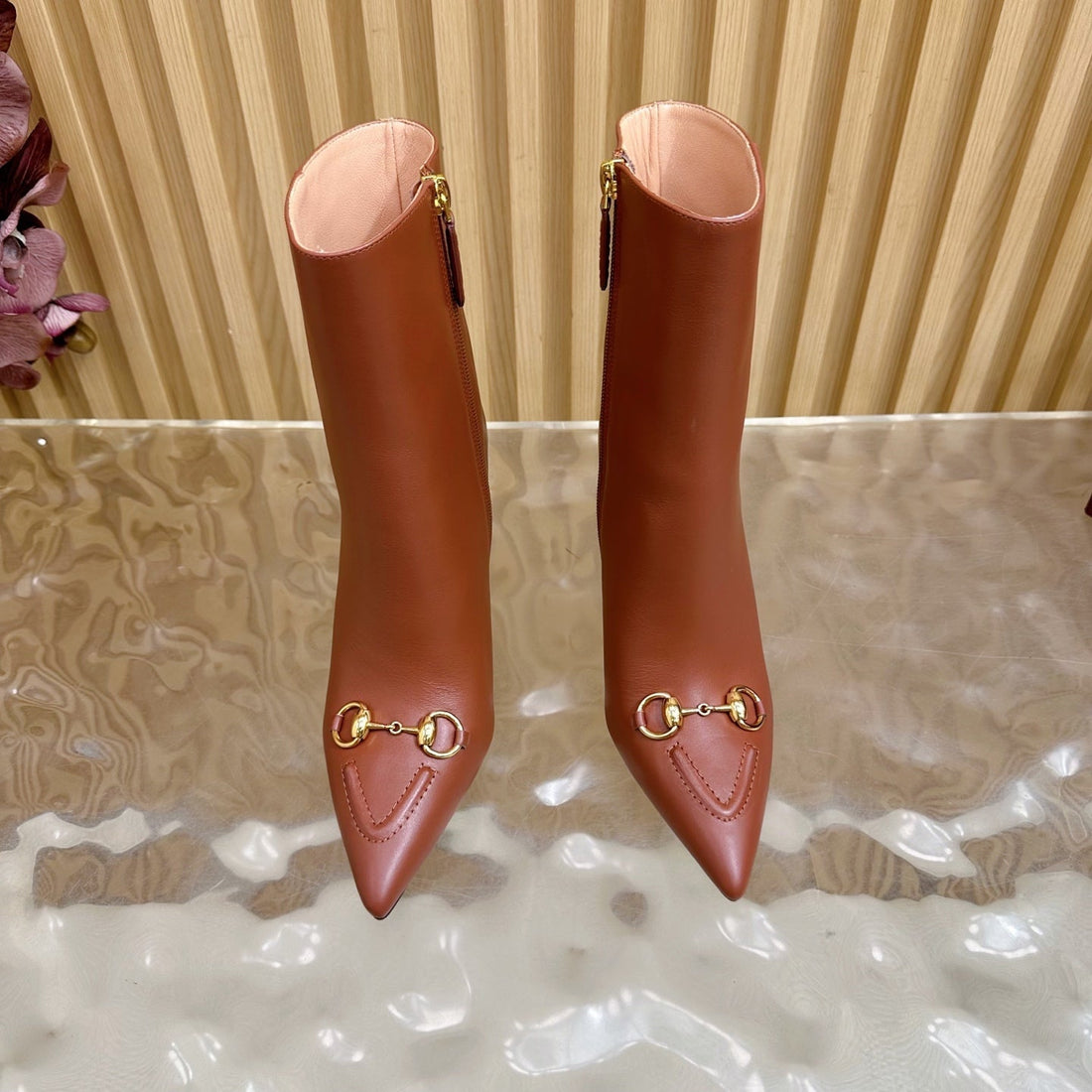 Gucci 2025 Thick-Heeled Square-Toed Ankle Boots Brown Sheepskin 498070
