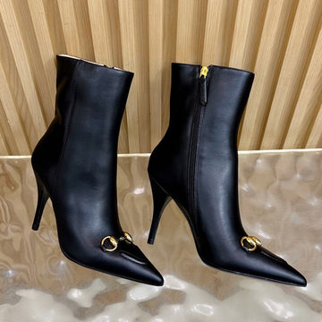 Gucci 2025 Thick-Heeled Square-Toed Ankle Boots Black Sheepskin 498069