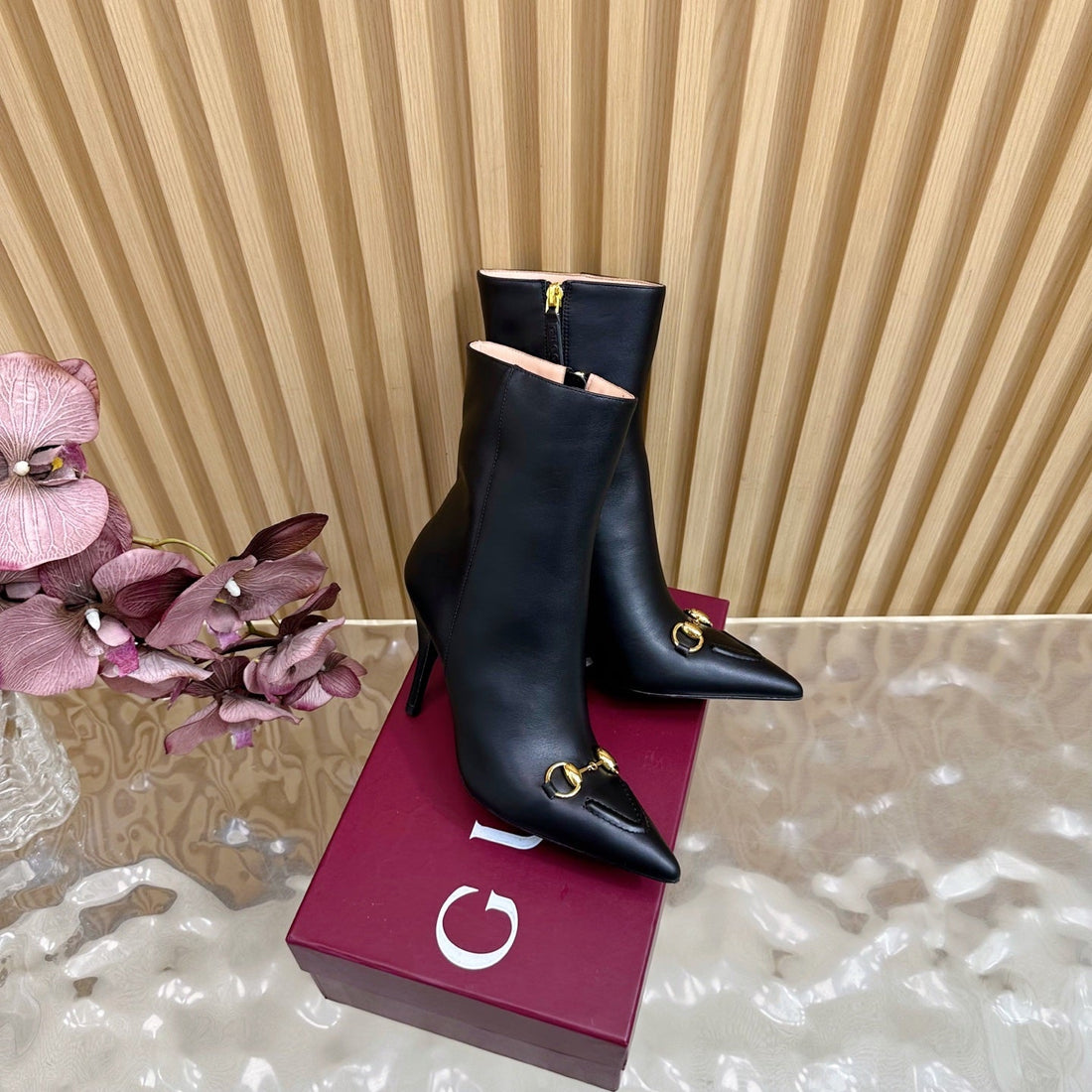 Gucci 2025 Thick-Heeled Square-Toed Ankle Boots Black Sheepskin 498069