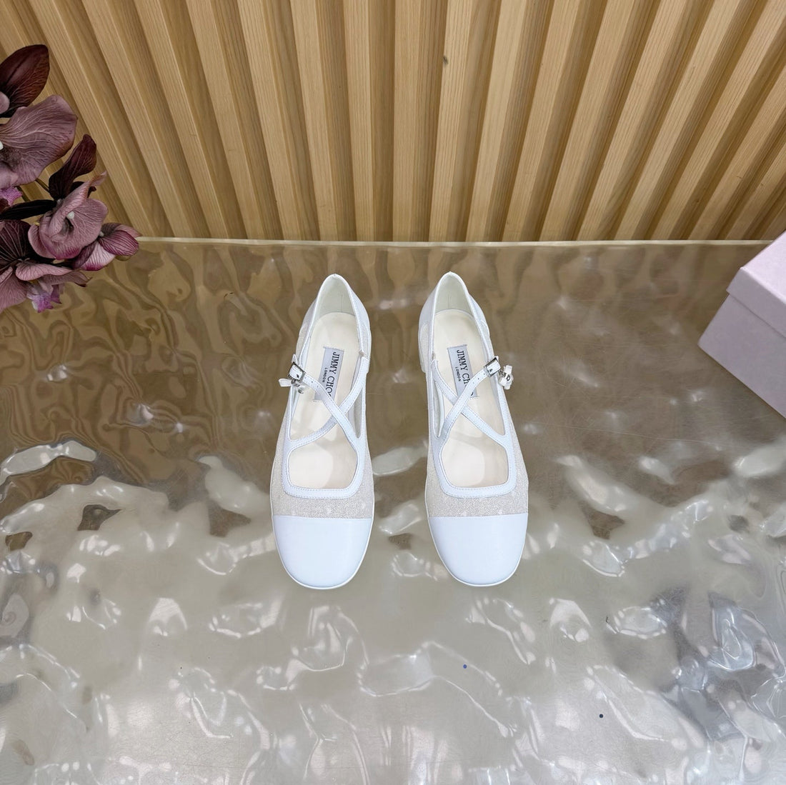 Jimmy Choo Mary Jane Flat Shoes White Mesh Leather 537766
