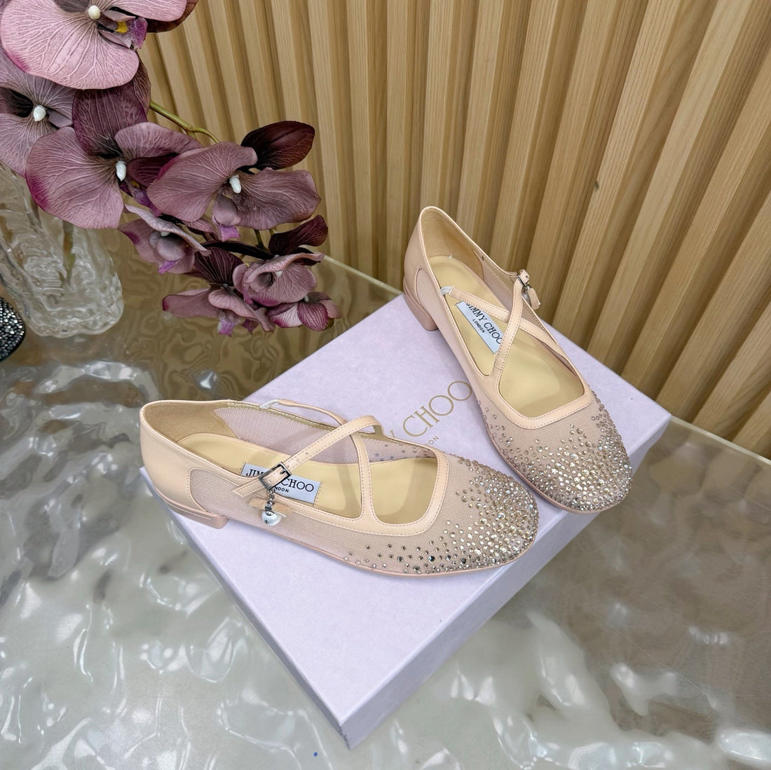 Jimmy Choo Mary Jane Flat Shoes Nude Mesh Cross Strap Pearl 537768