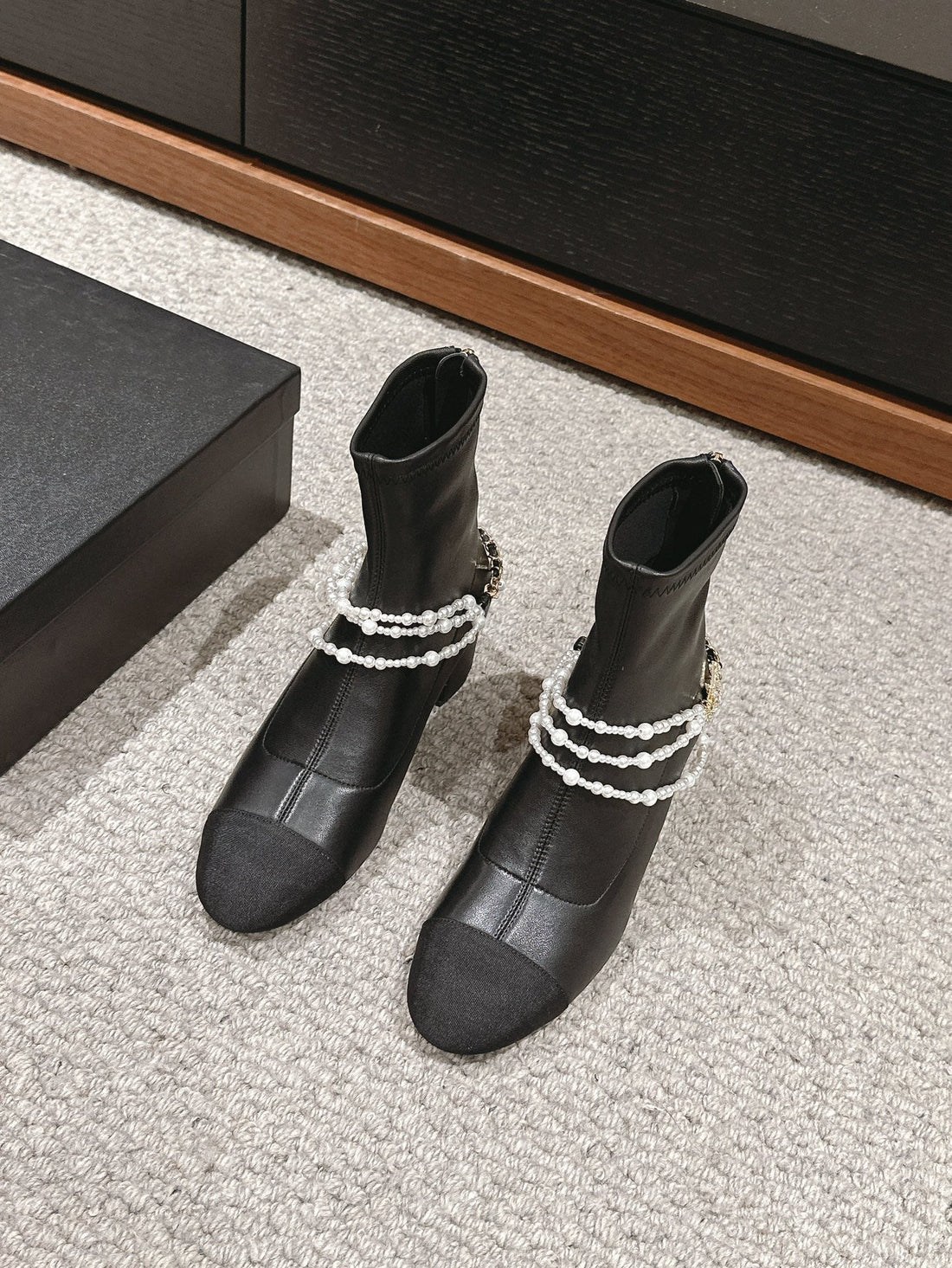 CC Low Cut Boots In Black Stretch Lambskin And Grosgrain With Pearl Chain
