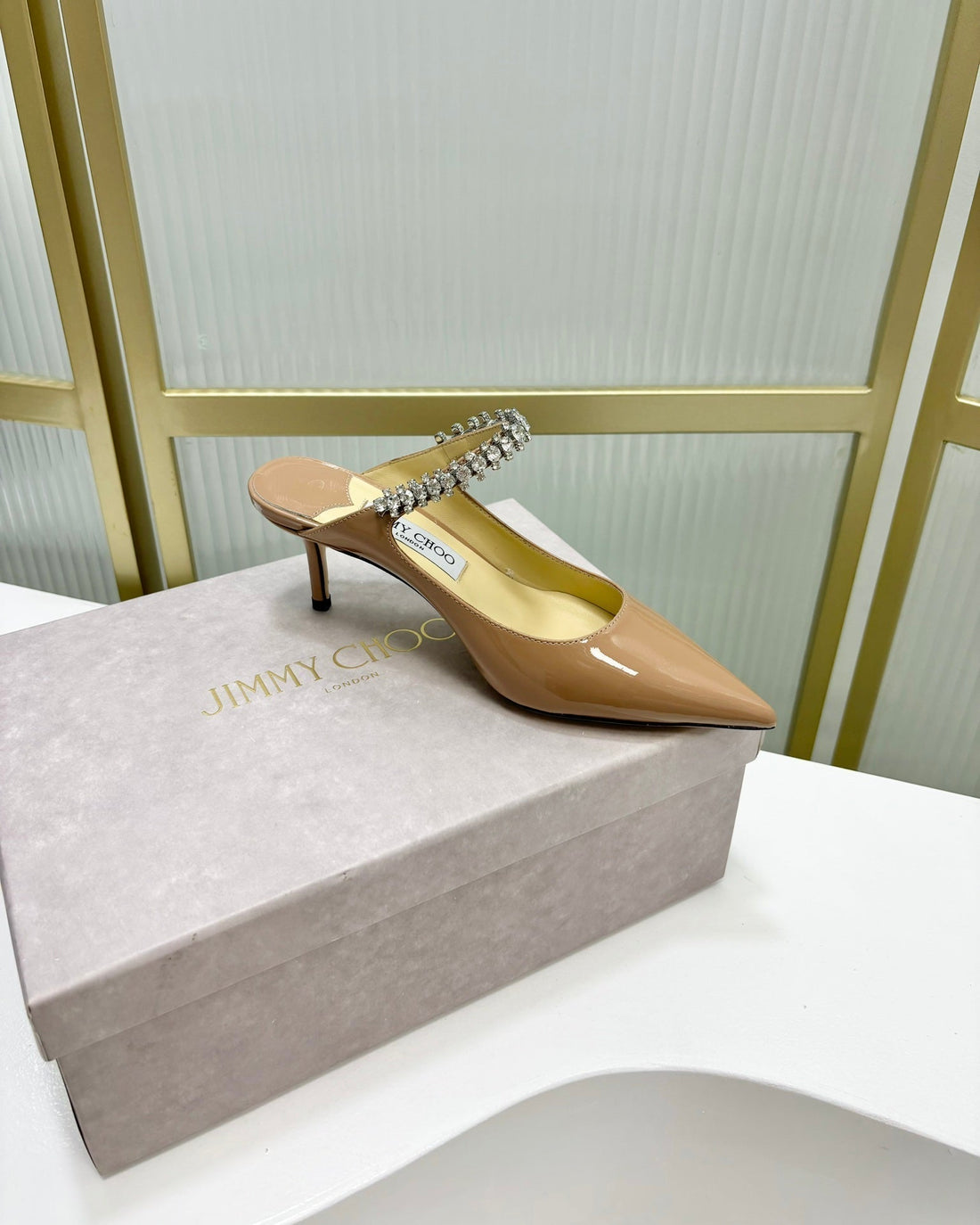 Jimmy Bing 65MM In Dark Beige Glossy Cowhide Mules 587762