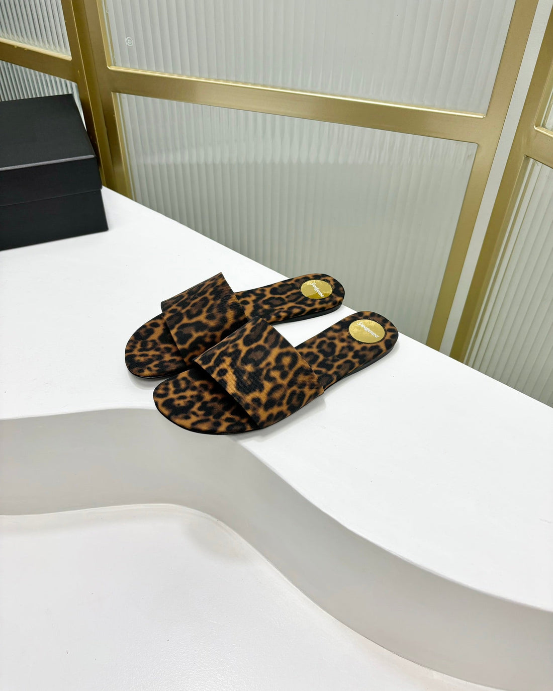 Carlyle Slides In Leopard Grosgrain Black Gold