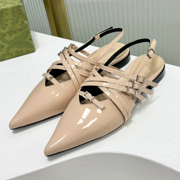 Strappy Flat Slingback In Beige Cream Glossy Calfskin