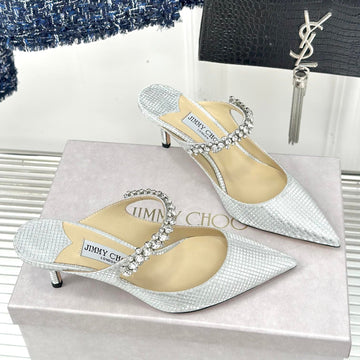 Jimmy Bing 65MM In White Silver Stone Studded Cowhide Mules 593194