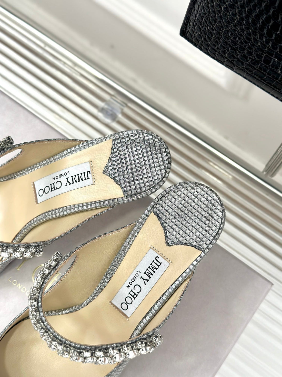 Jimmy Bing 65MM In Grey Black Stone Studded Cowhide Mules 593196