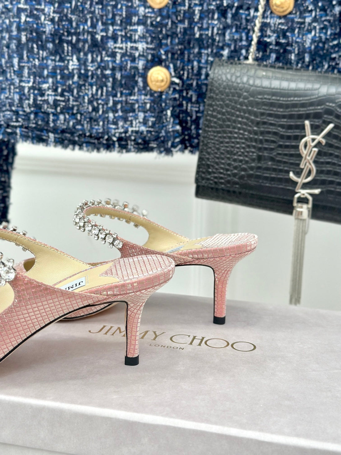 Jimmy Bing 65MM In Rose Pink Stone Studded Cowhide Mules 593198