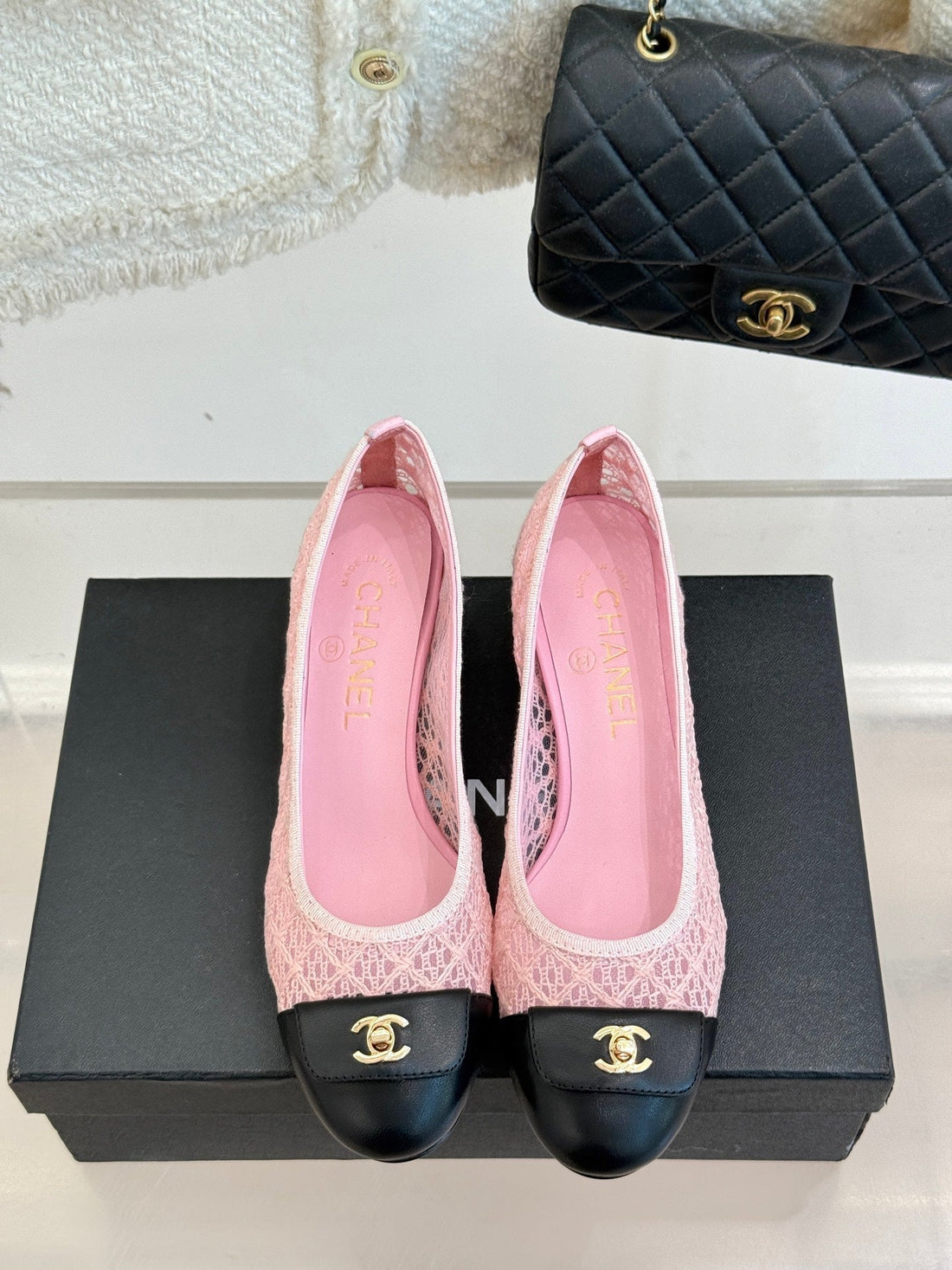 Chanel 25 Ballet Flat 50MM Pink Black Woven Lambskin 473052