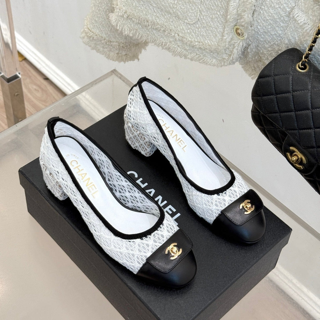 Chanel 25 Ballet Flat 50MM White Black Woven Lambskin 473053
