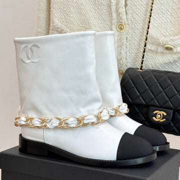 Chanel 25 Large Chain Flat-Solved Boot White Lambskin 465420