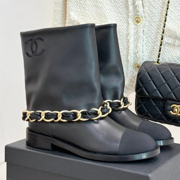 Chanel 25 Large Chain Flat-Solved Boot Black Lambskin 465422