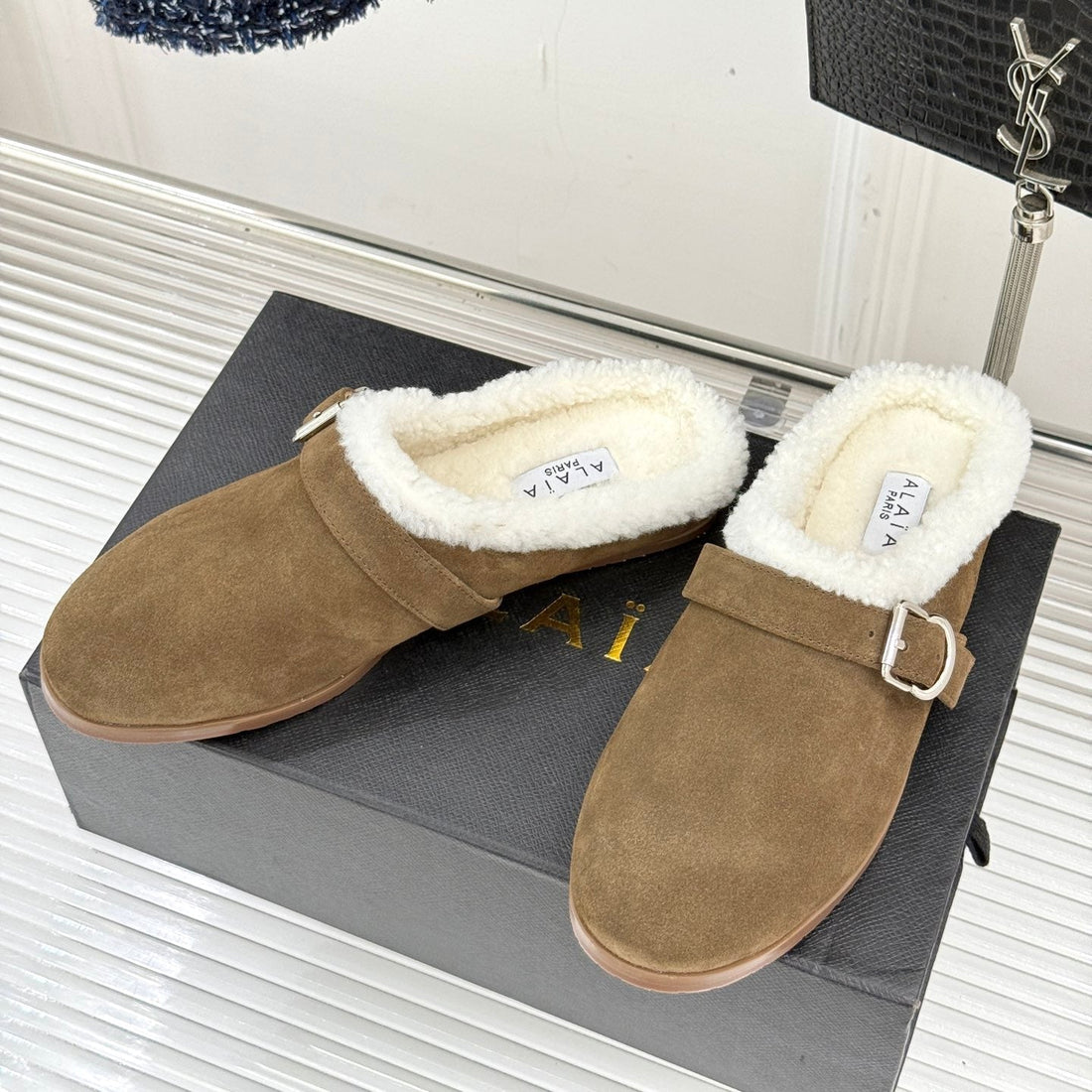 Alaïa 25WF Slippers Belt Buckle Khaki Brown Suede Wool 472227