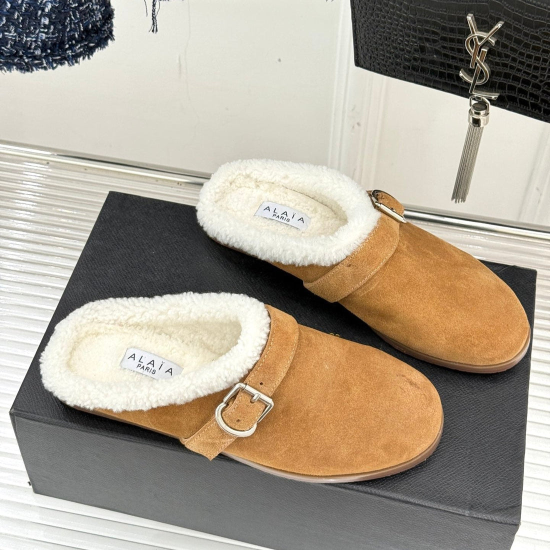 Alaïa 25WF Slippers Belt Buckle Caramel Brown Suede Wool 472229