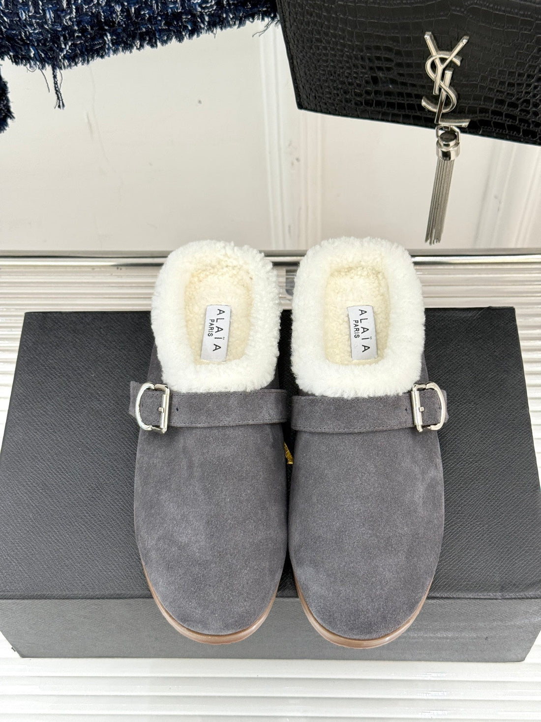 Alaïa 25WF Slippers Belt Buckle Charcoal Grey Suede Wool 472230