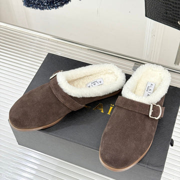 Alaïa 25WF Slippers Belt Buckle Chocolate Brown Suede Wool 472231