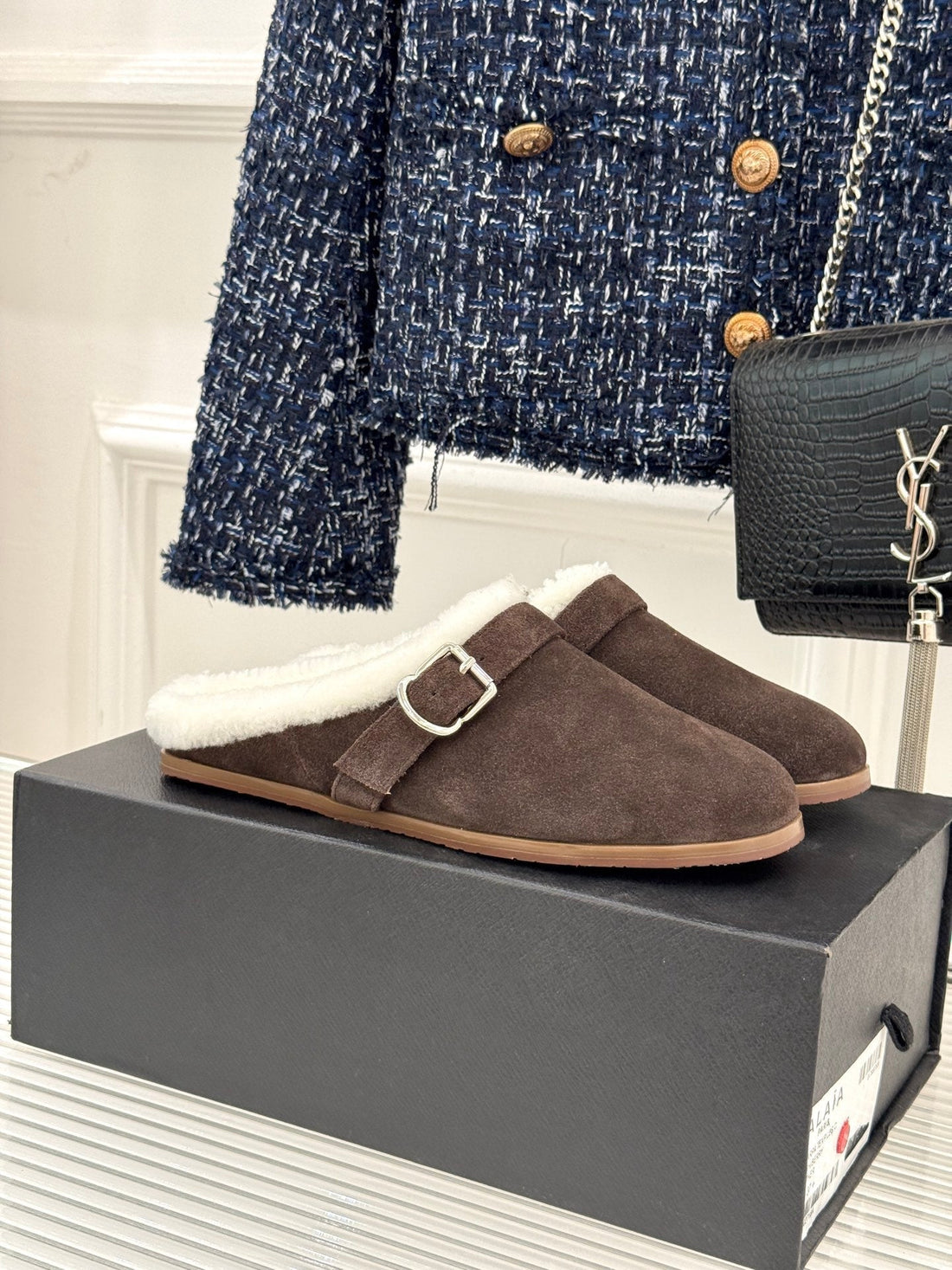 Alaïa 25WF Slippers Belt Buckle Chocolate Brown Suede Wool 472231