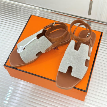 Hm Maya Sandal Brown White Leather Canvas 642790