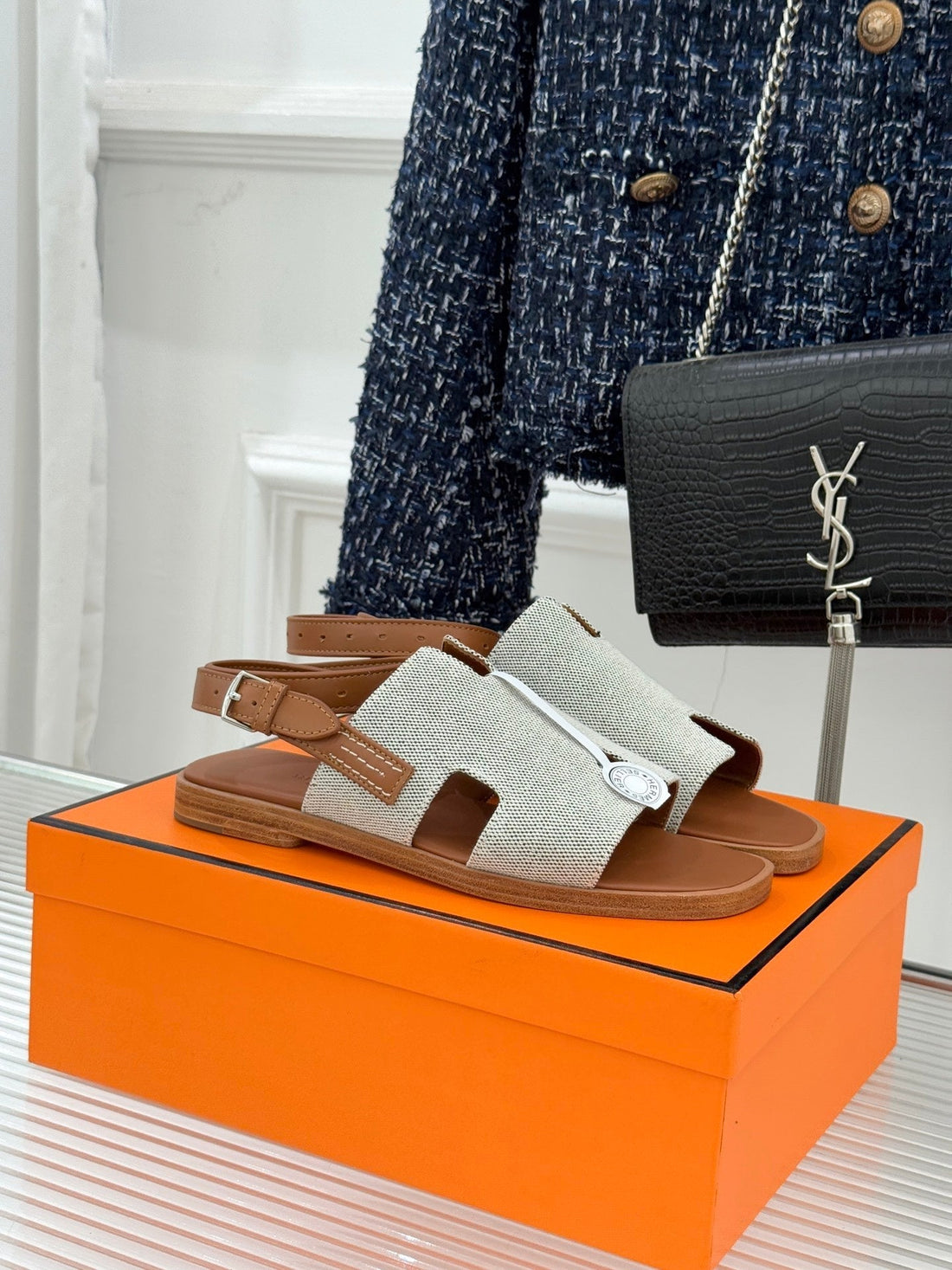 Hm Maya Sandal Brown White Leather Canvas 642790