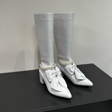 CC High Boots White Bow Tie Cowhide