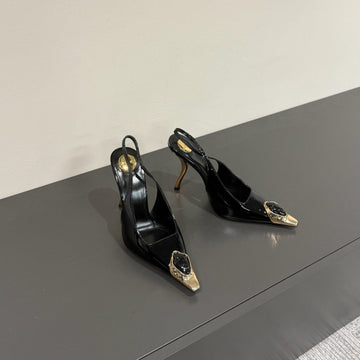 Black Gem-Studded Slingback Pumps In Black Patent Calfskin