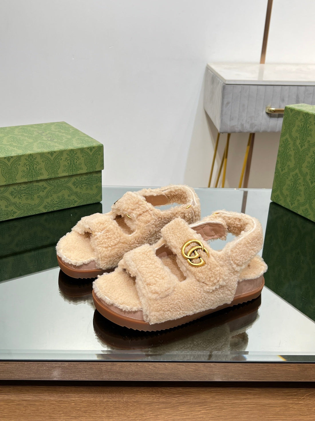 Dad Sandals In Tan Beige Fleece