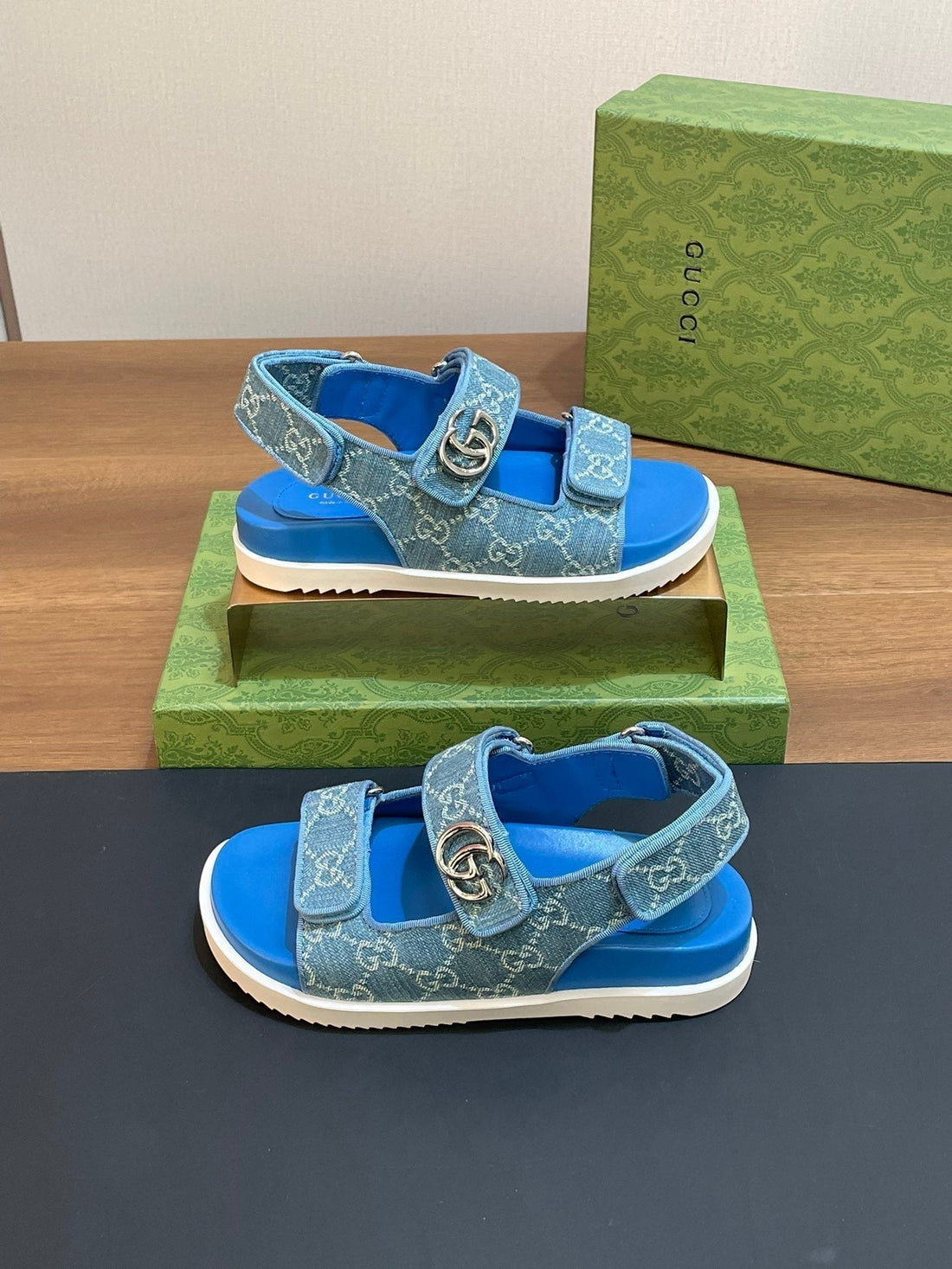 GG Sandal With Double G Sky Caro Lambskin