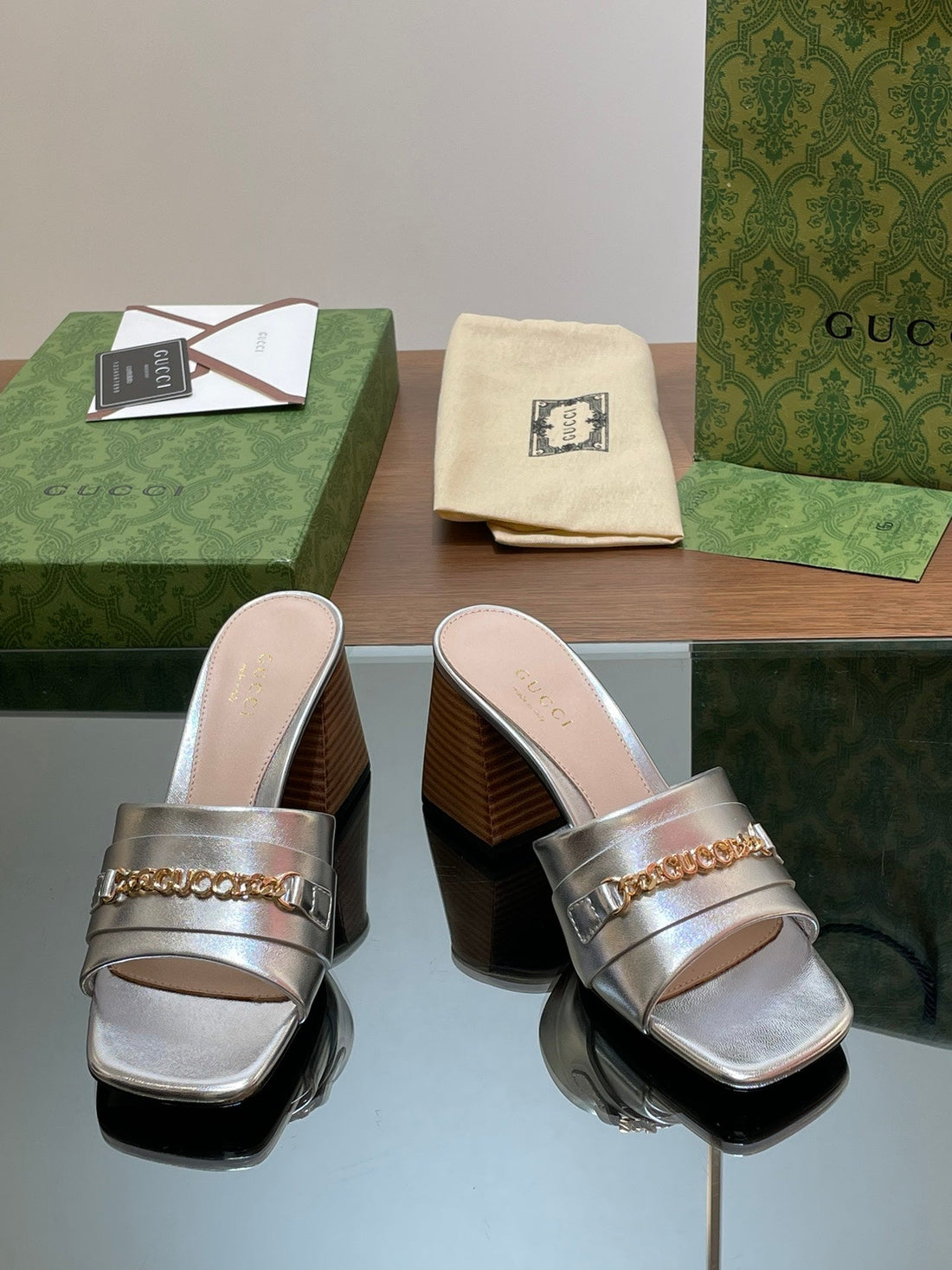 GG Signoria Slide Sandal Silver Denim