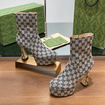 GG Short Boots 11.5 Cm In Black Mix Beige Monogram Jacquard Fabric