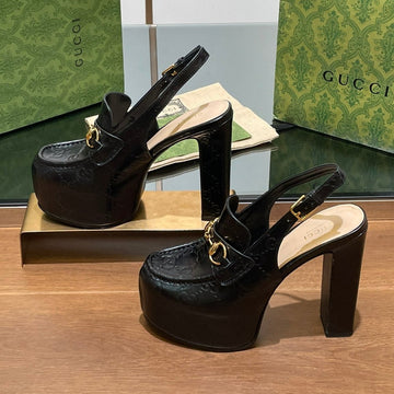 GG Women's Horsebit Platform Slingback In Black Embossed Calfskin