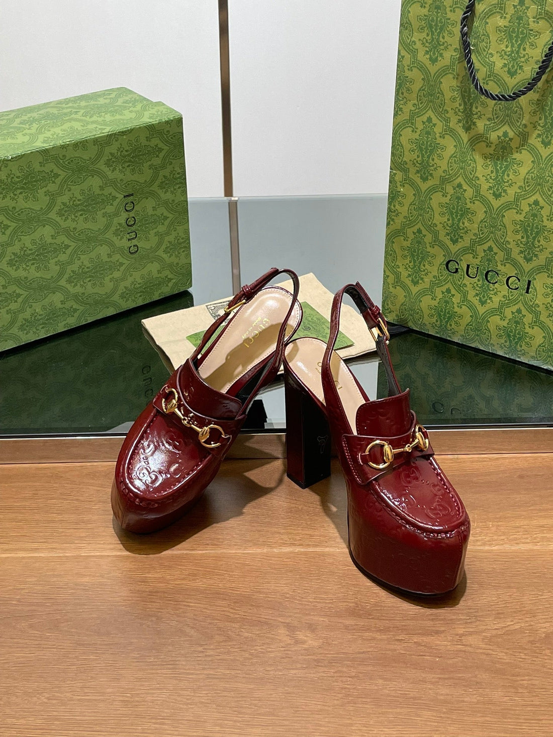 GG Women's Horsebit Platform Slingback In Rosso Ancora Red Calfskin