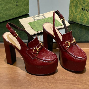 GG Women's Horsebit Platform Slingback In Rosso Ancora Red Calfskin