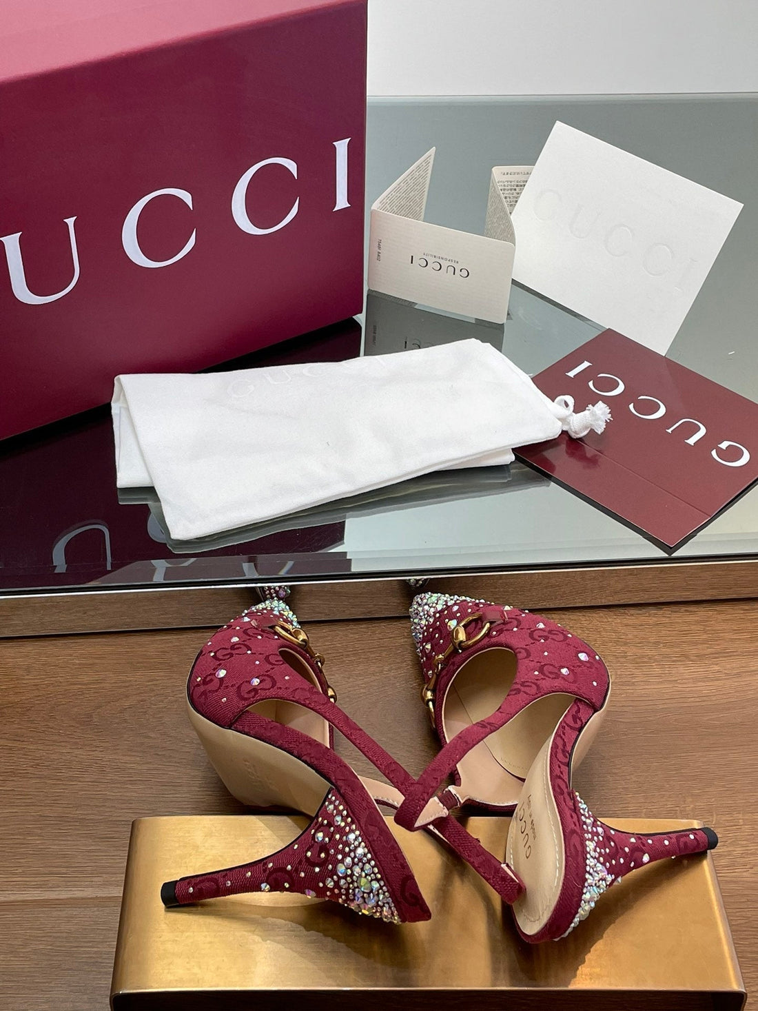 GG Horsebit Slingback 85MM Red Ebony Monogram Canvas Point Toe Crystal-Embellished