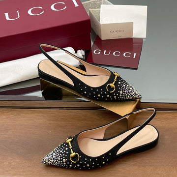 GG Horsebit Slingback Flat Black Ebony Monogram Canvas Point Toe Crystal-Embellished