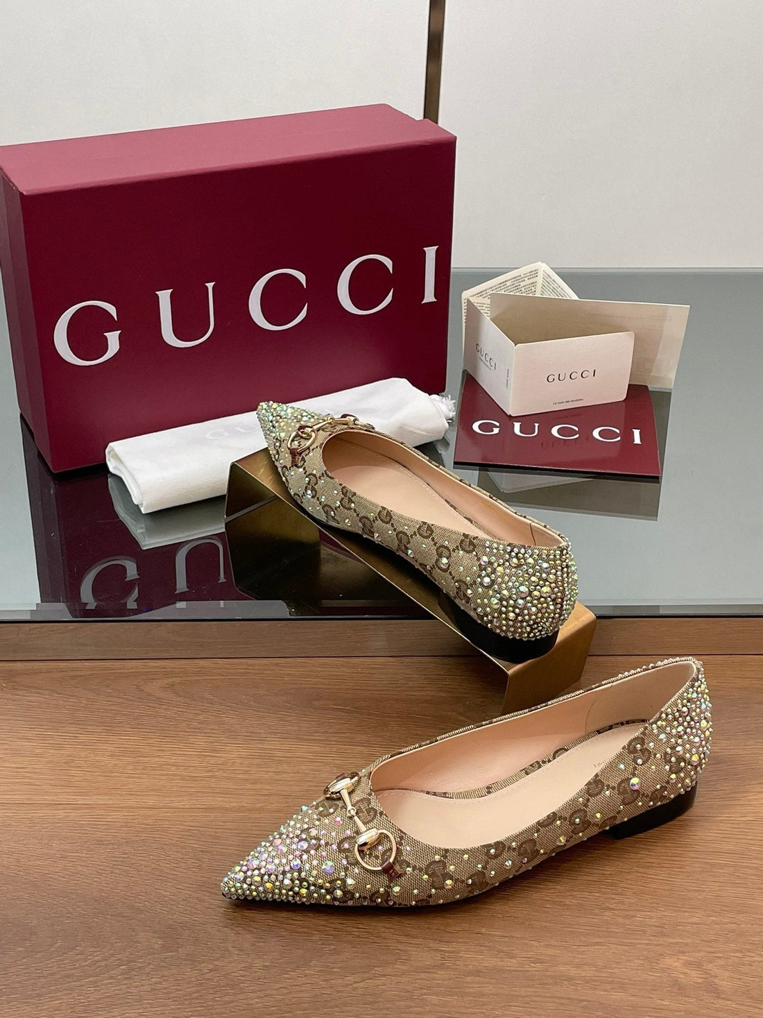GG Horsebit Ballet Flat Beige Ebony Monogram Canvas Crystal-Embellished
