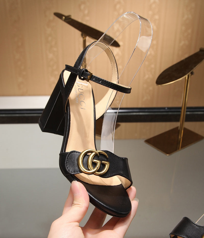 GG Marmont Ankle Strap Sandal 8CM Black Sheepskin 342564