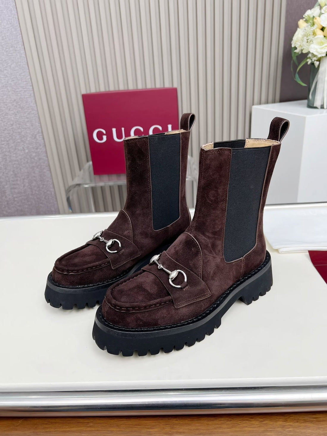 Gucci Ankle Boot With Horsebit Dark Burgundy Suede 476794