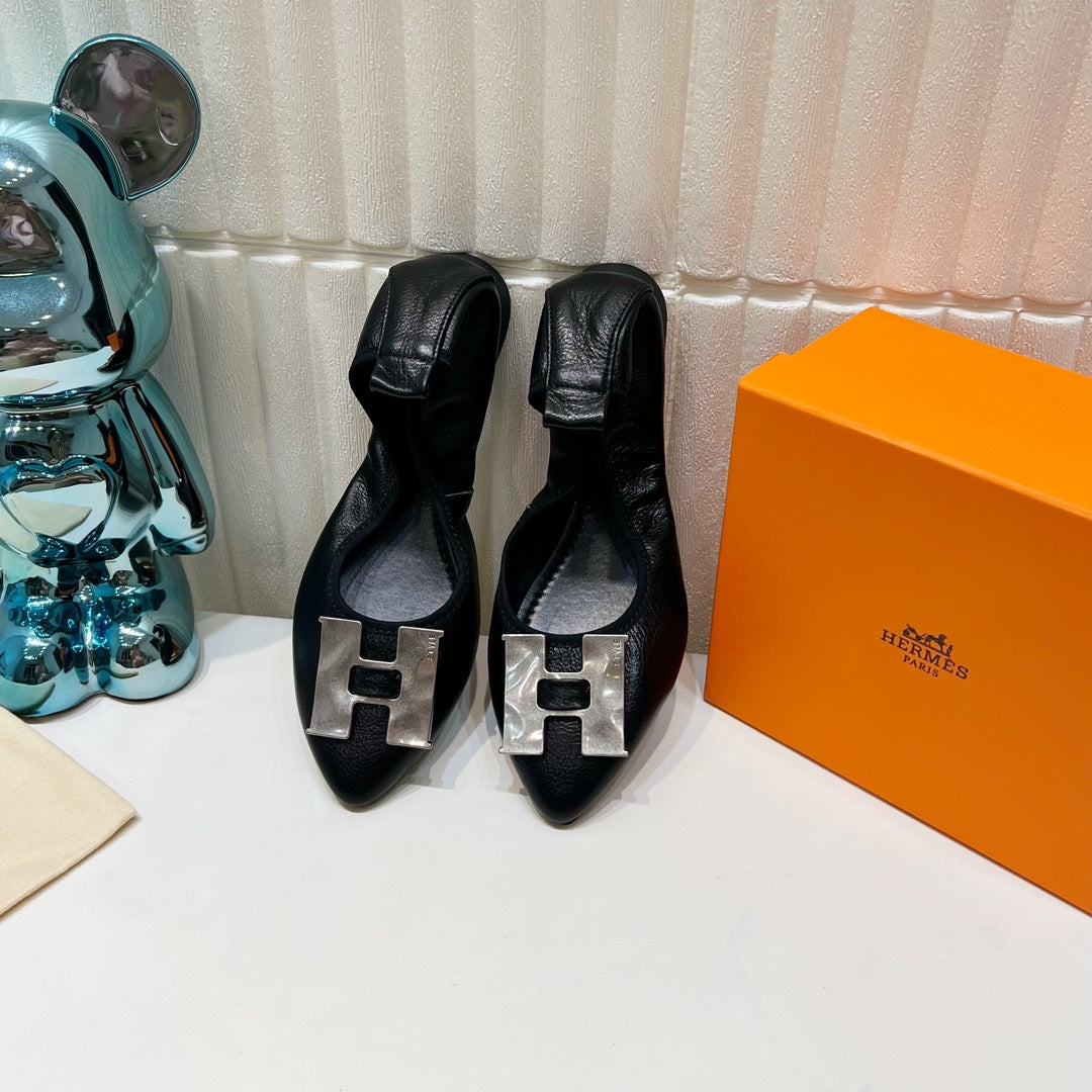 H-Buckle Balllet Flat Black Calfskin