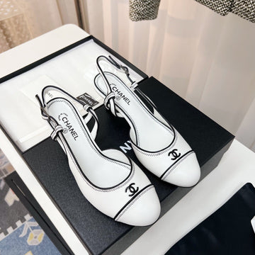 CC Slingback Heels With Black Contrast Stitching White Lambskin 476712