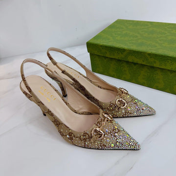 GG 26 Slingback Rhinestones Beige Brown Fabric 592425