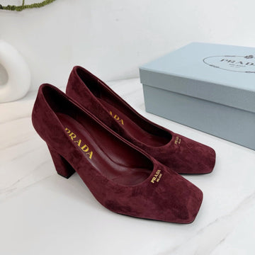 Pra 26SS Square-Toe Block Heels 85 Burgundy Suede 592359