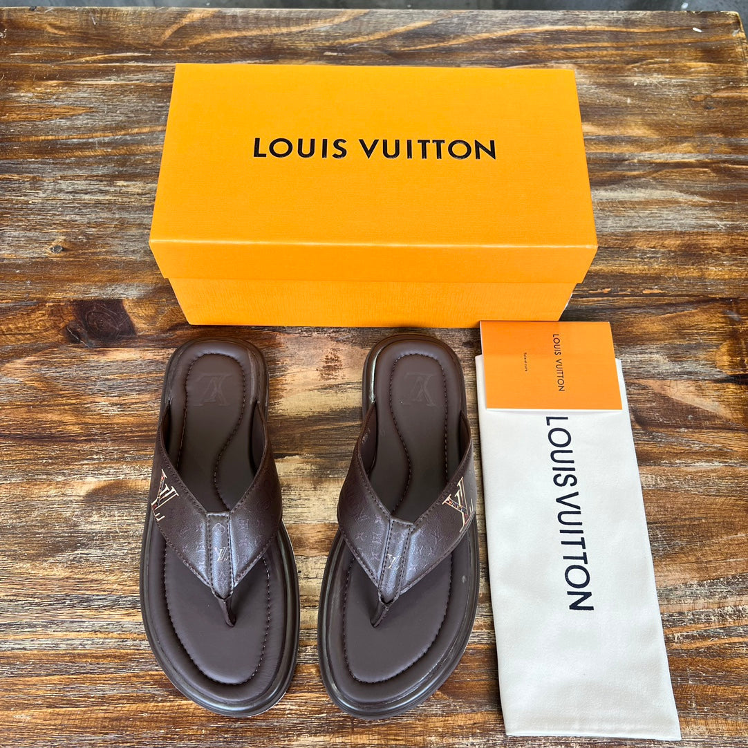 LV Thong Slipper In Chocolate Brown Monogram Calfskin
