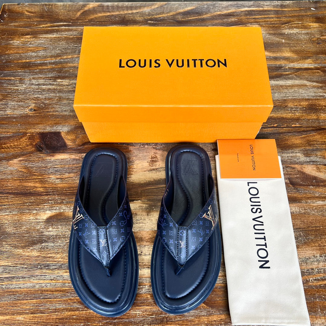 LV Thong Slipper In Navy Blue Monogram Calfskin