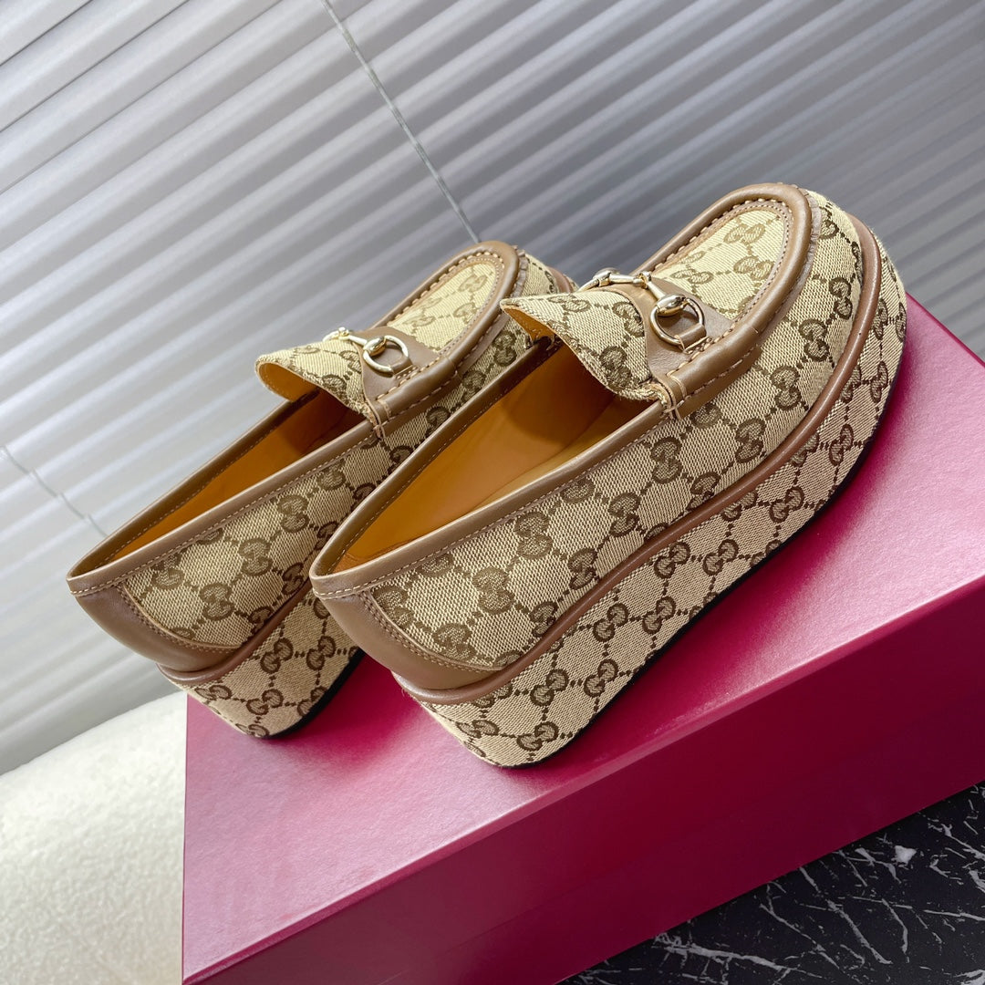 Horsebit Platform Loafer In Tan Beige Monogram Jacquard Fabric